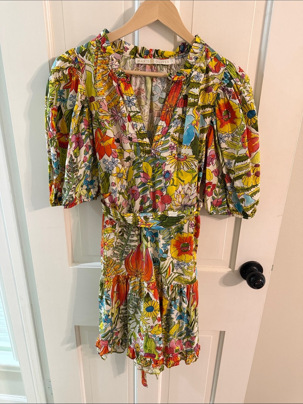 Maeve Floral Puff-Sleeve Mini Dress in Multicolor